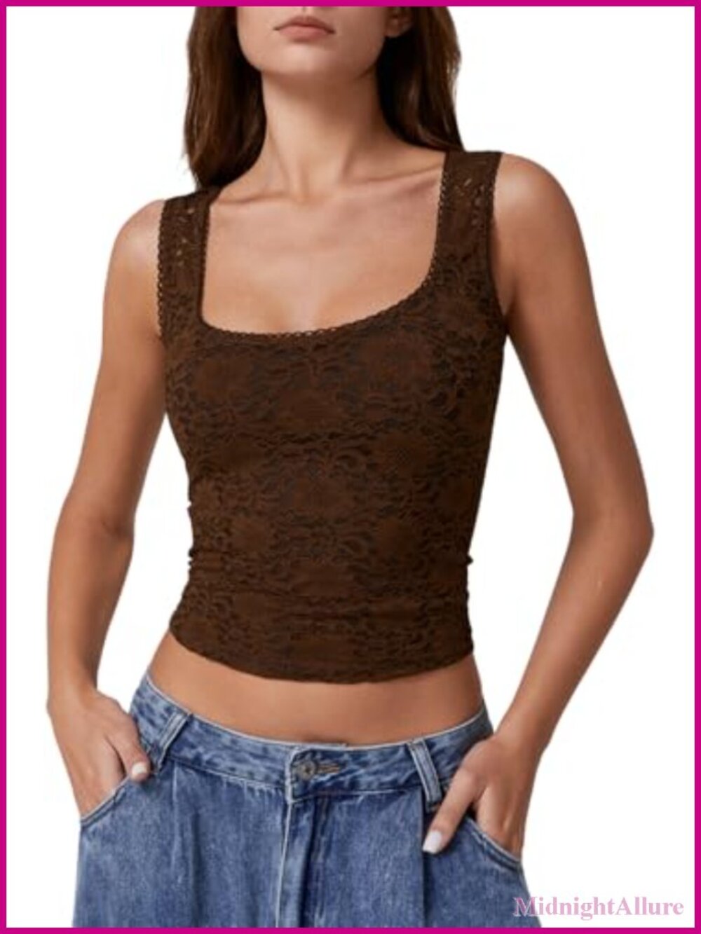 Womens Sleeveless Square Neck Tank Top Lace Trim Double Layer Slim Fit